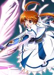  blush diesel-turbo dress energy_wings feathers fingerless_gloves gauntlets gloves glowing long_hair lyrical_nanoha magical_girl mahou_shoujo_lyrical_nanoha mahou_shoujo_lyrical_nanoha_a's mahou_shoujo_lyrical_nanoha_the_movie_2nd_a's open_mouth puffy_sleeves purple_eyes raising_heart red_hair solo staff takamachi_nanoha twintails wings 