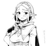  1girl blush braid breasts cape commentary fingerless_gloves gloves hair_ornament hairclip medium_breasts medium_hair monbetsu_kuniharu monochrome pointy_ears princess_zelda solo sweat the_legend_of_zelda the_legend_of_zelda:_tears_of_the_kingdom triforce upper_body wavy_mouth 