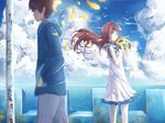  1girl albatross bad_id bad_pixiv_id blue_eyes brown_hair cloud cloudy_sky day domik dress flower hands_in_pockets jacket long_hair mukaido_manaka nagi_no_asukara ocean sailor_dress sakishima_hikari school_uniform serafuku short_hair sky sunflower 