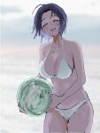  1girl ^_^ ahoge alternate_costume ball beachball bikini blurry blurry_background blush breasts cleavage closed_eyes collarbone highres hitodama_(madatohi) holding holding_ball holding_beachball idolmaster idolmaster_(classic) idolmaster_million_live! miura_azusa outdoors short_hair smile solo swimsuit white_bikini 