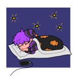  1boy black_headwear black_sweater blue_background border cellphone charging_device chibi commentary_request facing_viewer full_body futon hat head_on_pillow highres jack-o&#039;_ran-tan lying male_focus napoli_no_otokotachi nightcap no_mouth on_side outside_border own_hands_together phone purple_hair purple_headwear purple_sweater short_hair sleeping smartphone solo star_(symbol) striped striped_headwear striped_sweater sweater two-tone_headwear two-tone_sweater under_covers white_border ziko_(muzikomax) 