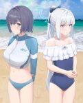  2girls absurdres aisumegane aqua_eyes bare_shoulders beach bikini bikini_bottom_only blue_archive blue_bikini blue_bow blue_bowtie blue_hair blue_halo blue_one-piece_swimsuit blue_sky blurry blurry_background blush bow bowtie breasts casual_one-piece_swimsuit closed_mouth cloud cloudy_sky commentary_request crop_top day embarrassed frilled_one-piece_swimsuit frills hair_bow hair_intakes halo highres horizon jacket large_breasts light_blue_hair looking_at_viewer midriff miyako_(blue_archive) miyako_(swimsuit)_(blue_archive) multicolored_clothes multicolored_jacket multiple_girls navel ocean off-shoulder_one-piece_swimsuit off_shoulder one-piece_swimsuit own_hands_together ponytail purple_eyes raglan_sleeves rash_guard saki_(blue_archive) saki_(swimsuit)_(blue_archive) short_hair sidelocks sky swimsuit two-tone_jacket yellow_halo 