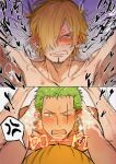  angry beard blonde_hair blue_eyes colored_skin commentary_request earrings facial_hair flustered green_hair happy hickey highres implied_sex jewelry looking_at_another male_focus mature_male nude on_bed one_piece open_mouth roronoa_zoro sanji_(one_piece) scar scar_on_face short_hair single_earring surprised tan tearing_up teeth white_skin yaoi yellow_eyes ynnn_m 