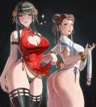  2girls ass black_background black_hair black_panties blush breasts brown_hair chinese_clothes chun-li cleavage_cutout clothing_cutout double_bun g-string hair_bun hair_ornament highres jamesloves_art large_breasts lipstick makeup multiple_girls nail_polish panties red_eyes side-tie_panties spy_x_family street_fighter thighhighs thighs thong underwear yor_briar 