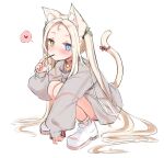  1girl animal_ear_fluff animal_ears bell blonde_hair blue_eyes cat_ears cat_tail choker food food_in_mouth grey_sweater heart heterochromia jingle_bell long_hair looking_at_viewer loose_clothes original parted_bangs pink_choker pocky pocky_in_mouth ribbon shoes shokupan_(slvk12) sleeves_past_wrists socks solo spoken_heart squatting sweater tail tail_ornament tail_ribbon twintails very_long_hair white_background white_footwear yellow_eyes 