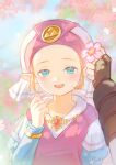  1boy 1girl absurdres blonde_hair blue_eyes blush brown_gloves cherry_blossoms child commentary dress fingerless_gloves flower gloves hand_up hat highres holding holding_flower jewelry link long_sleeves looking_at_viewer necklace open_mouth outdoors pink_flower pointy_ears pov pov_hands princess_zelda smile symbol-only_commentary the_legend_of_zelda the_legend_of_zelda:_ocarina_of_time triforce twitter_username upper_body weibo_logo weibo_username young_zelda yun_(dl2n5c7kbh8ihcx) 