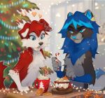 &lt;3 2023 absurd_res anthro beverage black_body black_fur blue_body blue_eyes blue_fur blue_nose canid canine canis chest_tuft christmas christmas_tree container cup detailed_background digital_media_(artwork) domestic_dog duo floppy_ears fur gloves_(marking) grey_body grey_fur hi_res holidays inside mammal markings open_mouth open_smile plant red_body red_fur reysi signature smile standing tree tuft white_body white_fur