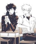  2boys akagi:_yami_ni_oritatta_tensai akagi_shigeru bandaid bandaid_on_cheek bandaid_on_face chair closed_mouth collared_shirt commentary_request desk english_commentary expressionless food fukumoto_mahjong gakuran greyscale hair_between_eyes highres itou_kaiji kaiji long_bangs long_hair long_sleeves looking_at_another male_focus medium_bangs mixed-language_commentary monochrome multiple_boys pants pocky pocky_kiss school_chair school_desk school_uniform shirt short_hair suefu undershirt upper_body yaoi 