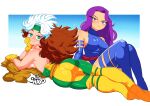  2girls ass blue_bodysuit bodysuit boots brown_hair gloves green_eyes highres knee_boots long_hair marvel multicolored_hair multiple_girls psylocke purple_eyes purple_hair rogue_(x-men) sonchapo white_hair x-men yellow_footwear yellow_gloves 