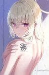  absurdres back bare_back bare_shoulders blue_archive blush breasts colored_skin crossed_bangs grabbing_own_arm grey_hair halo highres light_rays long_hair looking_at_viewer looking_back nude primamiya purple_hair sakurako_(blue_archive) sideboob tattoo topless white_hair white_skin 
