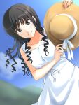  1girl amagami bare_arms black_eyes black_hair clenched_teeth collarbone curly_hair dress drill_hair hat highres long_hair looking_at_viewer morishima_haruka smile solo sun_hat takenoko_saba_otto teeth unworn_headwear white_dress 