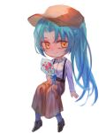  1girl angela_(project_moon) baseball_cap blue_hair brown_headwear brown_pants closed_mouth collared_shirt hat high_ponytail huanxue lobotomy_corporation long_hair long_sleeves looking_at_viewer pants parted_bangs project_moon shirt simple_background sitting smile solo suspenders very_long_hair white_background white_shirt 