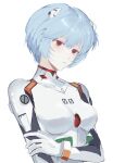  1girl absurdres ayanami_rei blue_hair bodysuit breasts covered_collarbone expressionless fengguai from_side hairpods hand_on_own_arm highres interface_headset looking_ahead neon_genesis_evangelion parted_lips pilot_suit plugsuit red_eyes short_hair simple_background skin_tight solo upper_body white_background white_bodysuit 