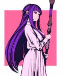  1girl blunt_bangs breasts dress expressionless fern_(sousou_no_frieren) holding holding_staff long_hair moshimoshibe purple_eyes purple_hair solo sousou_no_frieren staff white_dress 