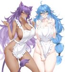  2girls ahoge animal_ear_fluff animal_ears apron blue_eyes blue_hair blush breasts casul commission frilled_apron frills glasses hair_between_eyes highres huge_breasts multiple_girls naked_apron open_mouth original pointy_ears purple_hair round_eyewear sideboob tail white_apron white_background yellow_eyes 