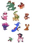  :d bayleef black_eyes bright_pupils claws closed_eyes feraligatr flaaffy kingdra ledyba looking_back magby miltank misdreavus natu no_humans open_mouth pokemon pokemon_(creature) simple_background slugma smile standing tyako_089 white_background white_pupils 