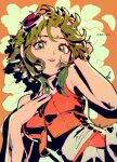  1girl datcravat floral_background goggles goggles_on_head green_eyes green_hair green_nails gumi hands_on_own_chest highres looking_at_viewer orange_background orange_skirt parted_lips pink_lips shirt short_hair skirt smile solo sparkle twitter_username vocaloid 