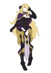  1girl armor black_armor breasts camilla_(fire_emblem) camilla_(fire_emblem)_(cosplay) cape cleavage cosplay cynthia_(pokemon) fire_emblem gloves hair_ornament hair_over_one_eye highres large_breasts long_hair panties pokemon rod_langhi sketch smile solo thighs underwear white_background 