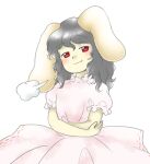  1girl animal_ears closed_mouth crossed_arms dress flat_chest floppy_ears grey_hair head_tilt inaba_tewi medium_hair nonamejd official_style pink_dress puff_of_air puffy_short_sleeves puffy_sleeves rabbit_ears rabbit_girl red_eyes short_sleeves simple_background smile smug solo touhou white_background zun_(style) 