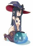  1girl bikini black_hair black_thighhighs blue_eyes detached_sleeves earrings elquijotedraws flat_chest genshin_impact hat high_heels horns jewelry long_hair looking_to_the_side micro_bikini mona_(genshin_impact) navel open_mouth signature single_earring slime_(substance) swimsuit thighhighs witch_hat 