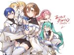  2024 2boys 4girls absurdres after0217 bare_shoulders black_shorts blonde_hair blowing_kiss blue_eyes blue_hair blush breasts brown_eyes brown_hair closed_eyes dark_blue_hair dress facing_viewer gloves green_hair grin hair_between_eyes hairband hatsune_miku highres kagamine_len kagamine_rin kaito_(vocaloid) long_hair looking_at_viewer megurine_luka meiko_(vocaloid) meikopia multiple_boys multiple_girls one_eye_closed open_mouth pink_hair short_hair shorts smile thighhighs twintails v very_long_hair vocaloid white_background white_thighhighs 