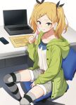  1girl absurdres blonde_hair candy collarbone computer desk food green_sweater grey_eyes grey_shorts grey_thighhighs hair_ornament hairclip highres holding holding_candy holding_food holding_lollipop hood hooded_sweater laptop lollipop mole mole_under_eye parted_bangs shirobako shirt short_hair short_twintails shorts simple_background sitting solo sonoda_345 striped_clothes striped_thighhighs sweater swivel_chair thighhighs twintails white_background white_shirt yano_erika 