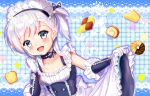  1girl azur_lane back_bow bare_shoulders belfast_(azur_lane) blue_background blue_dress blush bow cake cake_slice checkerboard_cookie collarbone comiket_94 cookie cowboy_shot dress food gloves green_eyes grey_hair happy heart little_bel_(azur_lane) looking_at_viewer maid_headdress medium_hair mogupuchi open_mouth sleeveless sleeveless_dress solo star_(symbol) white_bow white_gloves 