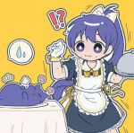  !? 1girl :3 ^^^ alternate_costume apron black_dress blue_eyes blue_hair bow bowtie bright_pupils cai_(cabbage_0j0) cat closed_mouth commentary cowboy_shot dress enmaided flower_(symbol) frilled_apron frills full_stomach gloves hair_bow hands_up highres holding holding_tray looking_at_animal maid maid_apron notice_lines outline over!_(vocaloid) ponytail puff_of_air puffy_short_sleeves puffy_sleeves serving_dome short_dress short_sleeves simple_background solo spoken_sweatdrop standing surprised sweatdrop symbol-only_commentary table tray vocaloid w_arms white_apron white_bow white_gloves white_outline white_pupils yellow_background yellow_bow yellow_bowtie 