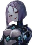  1girl absurdres albino_(a1b1n0623) armor black_armor black_eyes bodysuit breasts fate/grand_order fate/samurai_remnant fate_(series) grey_bodysuit highres looking_at_viewer medium_breasts minamoto_no_raikou_(fate) neon_trim open_mouth parted_bangs purple_hair rider_(fate/samurai_remnant) short_hair smile solo 