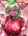  1girl alternate_costume blue_eyes blurry blurry_background blush breasts commentary_request daiyousei flower green_hair hair_flower hair_ornament japanese_clothes kimono large_breasts looking_at_viewer nisson_(nisiyuu) one_side_up pink_flower red_kimono short_hair signature solo touhou twitter_username upper_body wings yukata 