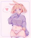  1girl animal_ears blue_eyes blush bow bow_panties breasts covering_own_mouth english_commentary grey_sweater groin hand_over_own_mouth heart highres instagram_username looking_ahead medium_breasts original panties pink_background pink_panties rabbit_ears rabbit_girl rabbit_tail short_hair skindentation sleeves_past_wrists solo speech_bubble spoken_heart striped_clothes striped_panties sweater tail thighhighs turtleneck turtleneck_sweater twintails underwear usagii.chi white_panties white_thighhighs 
