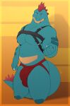 absurd_res anthro blue_body blue_skin bubbaferaligatr bubbagatr bulge clothing crocodilian feraligatr fullbodywolf generation_2_pokemon hi_res jockstrap male musclegut nintendo nipples pecs pokemon pokemon_(species) reptile scalie smile solo straps tail underwear