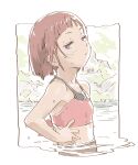  1girl bare_arms bare_shoulders bikini blunt_bangs border brown_hair commentary_request flat_chest from_side looking_at_viewer matsuo_yuusuke outside_border purple_eyes red_bikini senjuin_koharu short_hair simple_background swimsuit upper_body wading wet white_background white_border yama_no_susume 