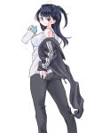  ass black_jacket black_pants blue_bra blue_hair boku_no_kokoro_no_yabai_yatsu bottle bra brown_eyes closed_mouth dark_blue_hair from_behind hand_on_own_ass highres holding holding_bottle jacket long_hair long_sleeves looking_at_viewer looking_back mole mole_on_neck off_shoulder official_art pants sakurai_norio see-through see-through_shirt shirt smile standing sweat two_side_up underwear unzipped water_bottle white_shirt yamada_anna 