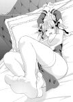 1girl absurdres blush breast_curtains breasts butterfly_hair_ornament commentary_request cuffs detached_sleeves go-toubun_no_hanayome greyscale hair_ornament head_on_pillow highres indoors knees_up kosmos_beta large_breasts looking_at_viewer lying monochrome nakano_nino on_back on_bed open_mouth paid_reward_available pelvic_curtain restrained short_hair solo thighhighs toe_scrunch toes two_side_up 