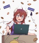  +_+ 1girl absurdres ahoge box breasts brown_eyes camisole cardboard_box commentary computer cookie curled_horns cursor demon_girl demon_horns demon_tail english_text fang food hair_between_eyes highres horns laptop long_hair machikado_mazoku mikan_box mouse_(computer) open_mouth purple_camisole red_hair shirt sidelocks simple_background skin_fang solo symbol-only_commentary tail white_background white_shirt yoshida_yuuko_(machikado_mazoku) yunoppi 