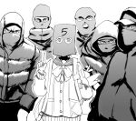  1girl 5boys angry backpack bag bag_over_head balaclava bandana bandana_over_mouth blue_archive bow bowtie cardigan down_jacket greyscale hifumi_(blue_archive) highres hood hood_up hooded_jacket jacket long_sleeves looking_at_viewer monochrome multiple_boys paper_bag sailor_collar simple_background sweat tearing_up upper_body v yblndr 