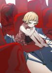  1girl barefoot black_shorts blonde_hair chair feet frilled_shirt frills full_body highres kiss-shot_acerola-orion_heart-under-blade kizumonogatari knees_to_chest knees_up legs looking_at_viewer monogatari_(series) official_art oshino_shinobu pink_shirt second-party_source shirt short_hair shorts sitting smile solo sowichi toenails toes yellow_eyes 