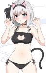  1girl animal_ears aqua_eyes ass_visible_through_thighs bell black_bra black_choker black_hairband black_panties bra breasts cat_cutout cat_ear_panties cat_ears cat_lingerie cat_tail choker cleavage cleavage_cutout clothing_cutout commentary_request cowboy_shot finaltakenoko ghost grey_hair hairband highres konpaku_youmu konpaku_youmu_(ghost) looking_at_viewer medium_breasts meme_attire navel neck_bell panties paw_pose short_hair side-tie_panties solo standing stomach sweat tail touhou underwear underwear_only 