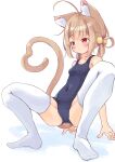  1girl ahoge animal_ear_fluff animal_ears bare_arms bare_shoulders blue_one-piece_swimsuit blush breasts brown_hair cat_ears cat_girl cat_tail closed_mouth commentary_request covered_navel full_body hair_rings heart heart_tail highres long_hair manabe_mana no_shoes old_school_swimsuit one-piece_swimsuit original red_eyes school_swimsuit simple_background small_breasts solo squatting swimsuit tail thighhighs wavy_mouth white_background white_thighhighs 