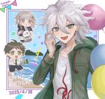  1girl 2boys :d :o absurdres ahoge balloon beach blunt_bangs blush bow brown_hair character_name collarbone danganronpa_(series) danganronpa_2:_goodbye_despair dated day ear_bow galaga green_eyes green_jacket grey_hair hair_ornament hand_up happy_birthday highres hinata_hajime hood hood_down hooded_jacket jacket komaeda_nagito long_sleeves medium_hair messy_hair michi_(michiisidayo) multiple_boys nanami_chiaki open_clothes open_jacket open_mouth outdoors pink_eyes pink_skirt pleated_skirt print_shirt shirt skirt smile usami_(danganronpa) wings 