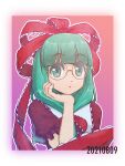  1girl blunt_bangs bow dated frilled_bow frilled_ribbon frills glasses green_eyes green_hair hair_bow hair_ribbon kagi kagiyama_hina looking_at_viewer open_mouth pink_background puffy_short_sleeves puffy_sleeves red_bow red_ribbon ribbon round_eyewear short_sleeves solo touhou 