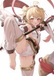  1girl andira_(granblue_fantasy) animal_ears barefoot blonde_hair breasts detached_sleeves erune granblue_fantasy highres holding holding_polearm holding_weapon kimblee long_hair looking_at_viewer monkey_ears monkey_girl monkey_tail open_mouth polearm red_eyes revision short_hair small_breasts solo standing standing_on_one_leg tail thighhighs weapon white_sleeves white_thighhighs wide_sleeves 