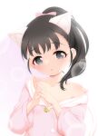  1girl :o animal_ear_fluff animal_ears black_eyes black_hair cat_ears cat_tail collarbone commentary_request fukuyama_mai highres hood hoodie hosizora_mikoto idolmaster idolmaster_cinderella_girls interlocked_fingers looking_at_viewer open_mouth own_hands_together pink_hoodie ponytail short_hair single_bare_shoulder solo tail upper_body 
