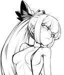  blush bow breasts fujiwara_no_mokou greyscale hair_bow long_hair looking_at_viewer medium_breasts monochrome naked_suspenders ponytail simple_background solo space_jin suspenders topless touhou upper_body 