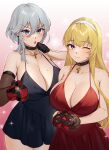  2girls alternate_breast_size alternate_costume asymmetrical_gloves azur_lane black_choker black_dress black_gloves blonde_hair blue_eyes box box_of_chocolates breasts brown_gloves candy chocolate choker cleavage commentary_request commission cowboy_shot cross cross_choker dress earrings elbow_gloves food gloves grey_hair hair_between_eyes half_gloves heart heart-shaped_chocolate highres huge_breasts jewelry long_hair maitei_roppa medium_hair mole mole_on_breast multiple_girls north_carolina_(azur_lane) one_eye_closed pixiv_commission red_dress short_dress siblings sisters washington_(azur_lane) 