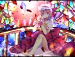  1girl adapted_costume back_bow bow bowtie closed_mouth collared_shirt crystal dress feet_out_of_frame flandre_scarlet glowing glowing_wings hat hat_ribbon head_tilt large_bow looking_at_viewer mob_cap multicolored_background multicolored_wings nekoruri puffy_short_sleeves puffy_sleeves red_bow red_dress red_eyes red_ribbon ribbon shirt short_sleeves sleeve_ribbon solo touhou white_headwear white_shirt wings wrist_cuffs yellow_bow yellow_bowtie 