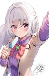  1girl bow bowtie expressionless food highres holding holding_food holding_popsicle jacket kishin_sagume long_sleeves looking_at_viewer niko_kusa open_clothes open_jacket popsicle purple_shirt red_bow red_bowtie red_eyes shirt solo touhou white_background white_hair white_wings wings yellow_jacket 