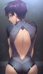  1boy absurdres ass back backless_outfit black_hair blue_eyes blurry blush bokeh dated depth_of_field facial_mark from_behind grey_background grey_leotard highres kiyonagi kusanagi_(kiyonagi) leotard looking_back male_focus original profile short_hair short_sleeves skin_tight solo upper_body 