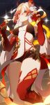  1girl absurdres black_shorts breasts commentary_request cowboy_shot dress fu_hua fu_hua_(fenghuang_of_vicissitude) hair_between_eyes hands_up highres honkai_(series) honkai_impact_3rd jinjide_shaonian long_hair looking_at_viewer medium_breasts midriff multicolored_hair red_eyes red_hair short_shorts shorts solo standing streaked_hair thighs very_long_hair white_hair 